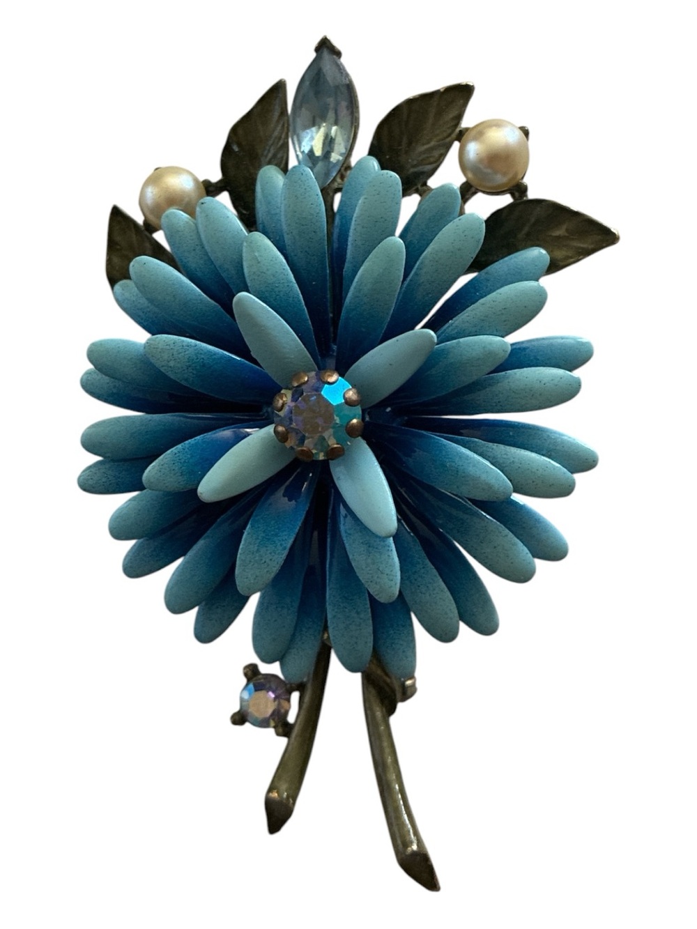 Vintage Lisner Blue Enameled Floral Petal Brooch with Rhinestone Center